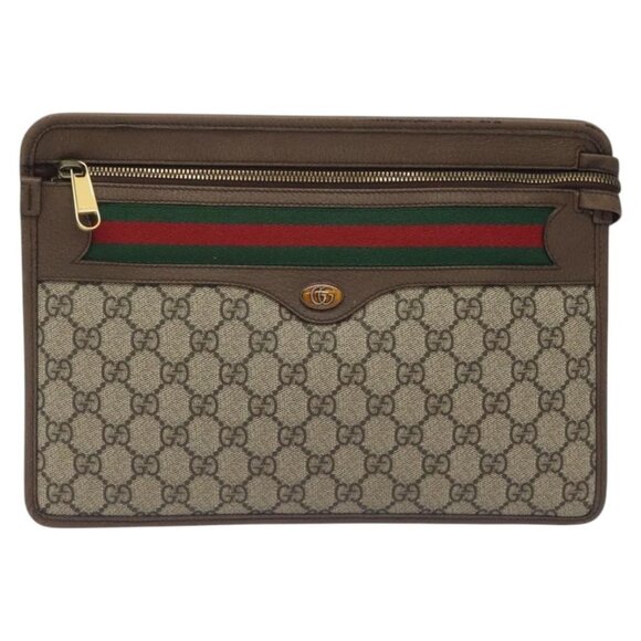 GUCCI GG Supreme Web Sherry Line Clutch Bag PVC Beige Gold - Picture 1 of 15